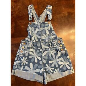No Boundaries Floral Daisy Denim Short Overalls Shorts Size M Blue Jean Romper